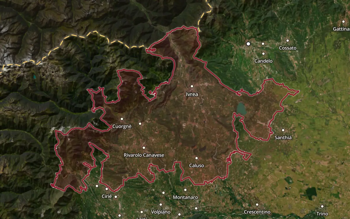 Map of the Canavese DOC production zone on satellite imagery