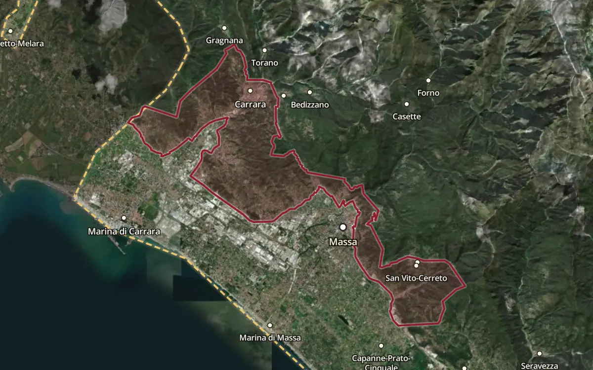 Map of the Candia dei Colli Apuani DOC production zone on satellite imagery