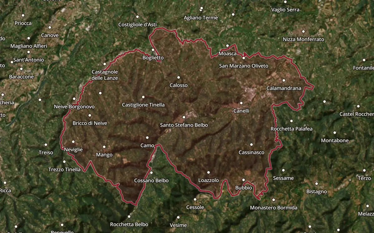Map of the Canelli DOCG production zone on satellite imagery