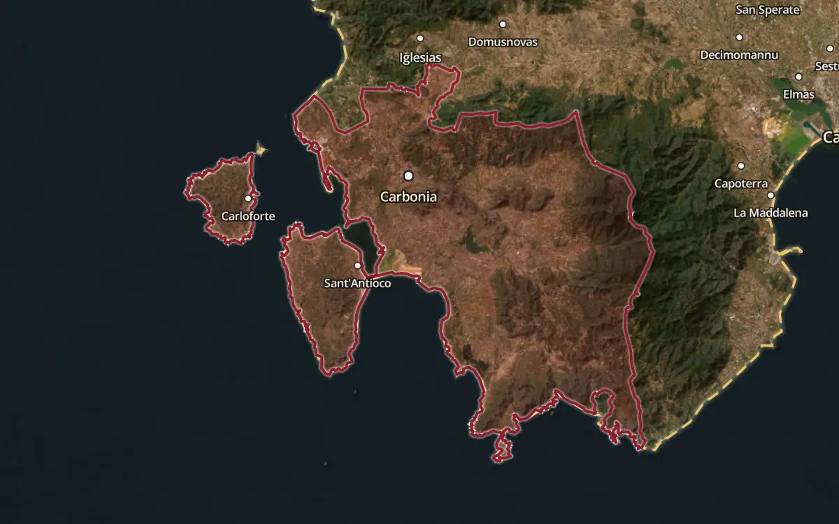 Map of the Carignano del Sulcis DOC production zone on satellite imagery