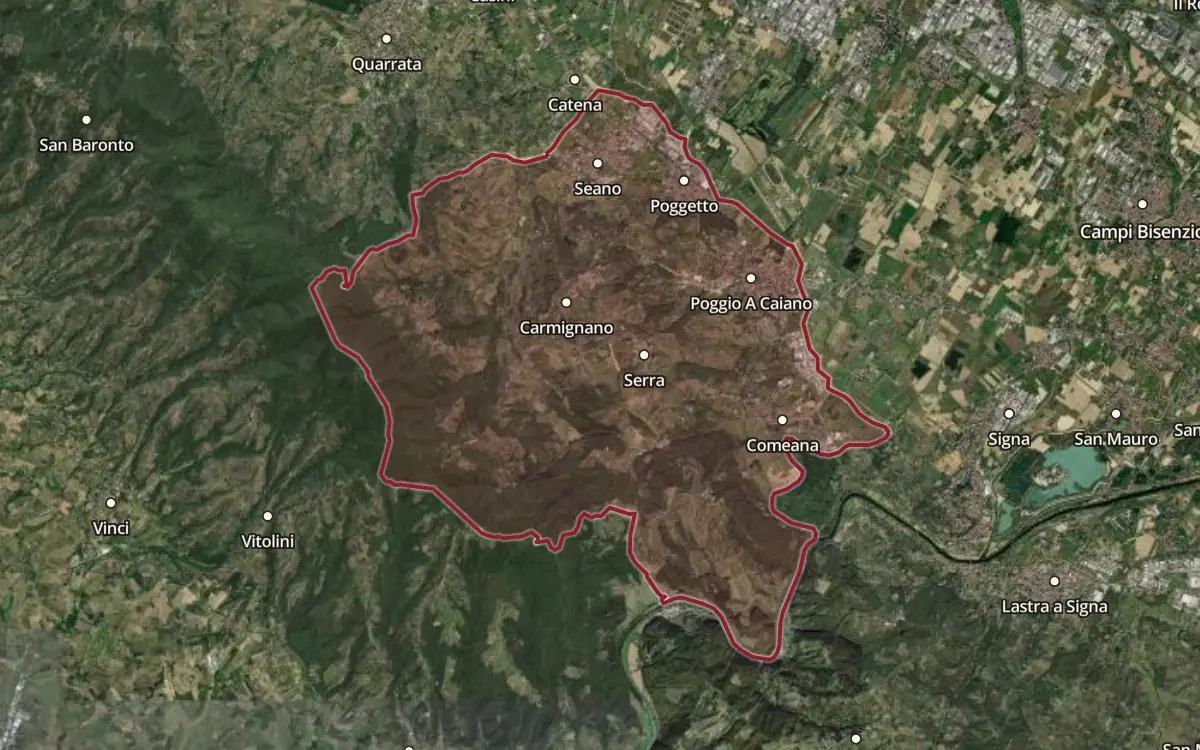 Map of the Carmignano DOCG production zone on satellite imagery