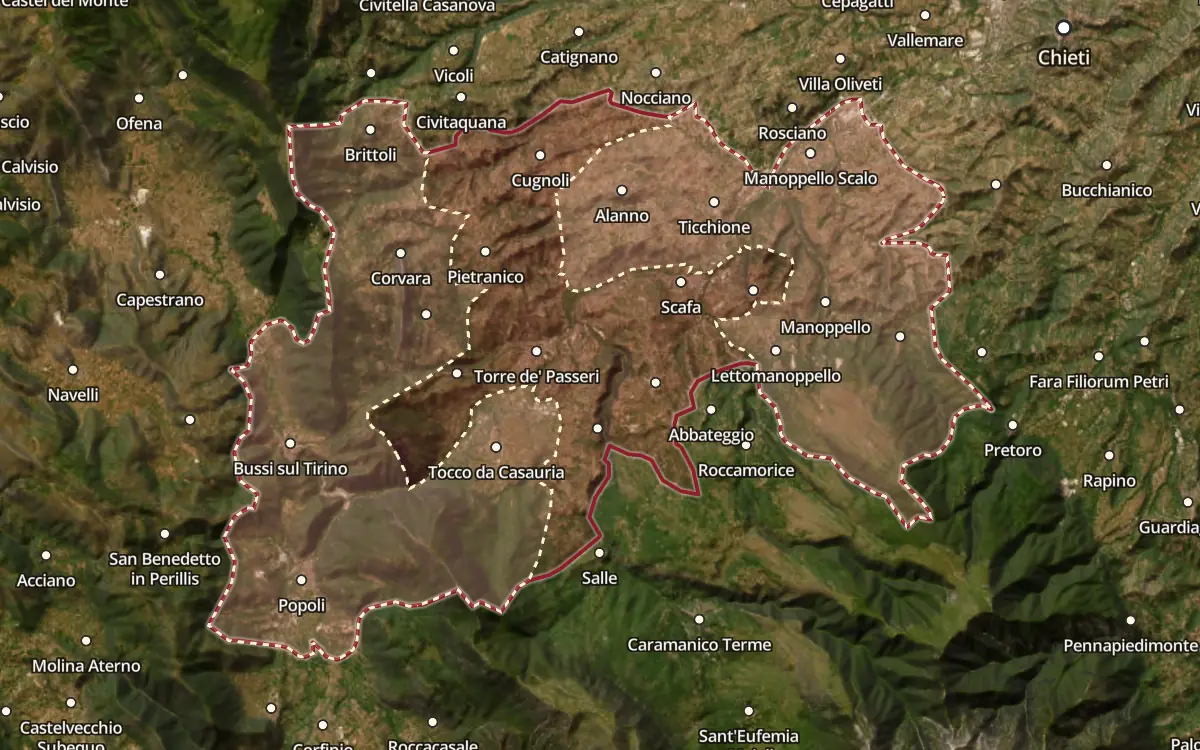 Map of the Casauria DOCG production zone on satellite imagery