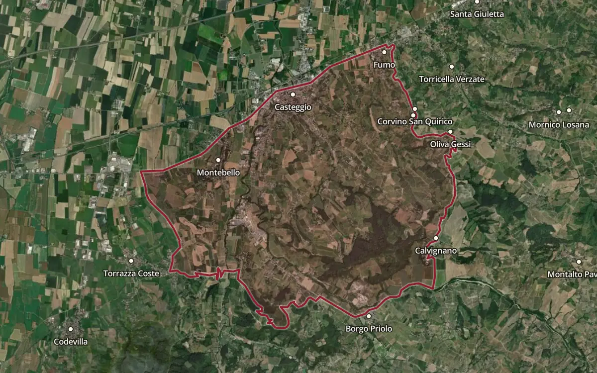 Map of the Casteggio DOC production zone on satellite imagery