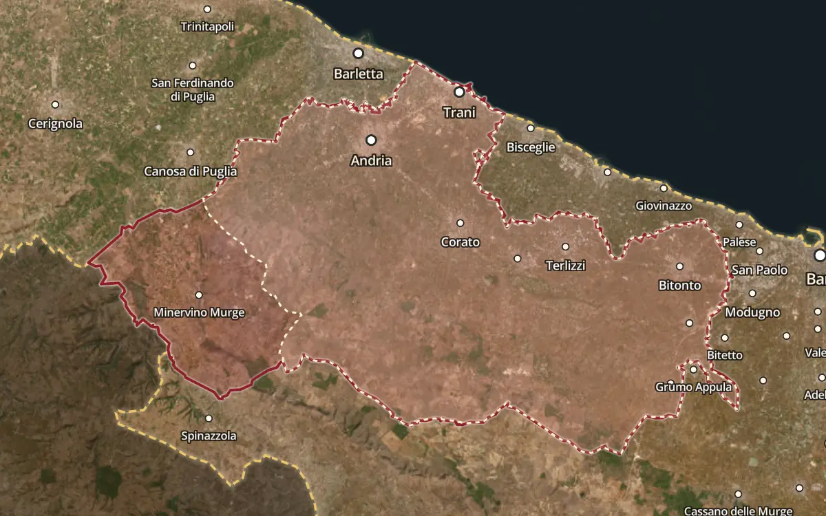 Map of the Castel del Monte Rosso Riserva DOCG production zone on satellite imagery