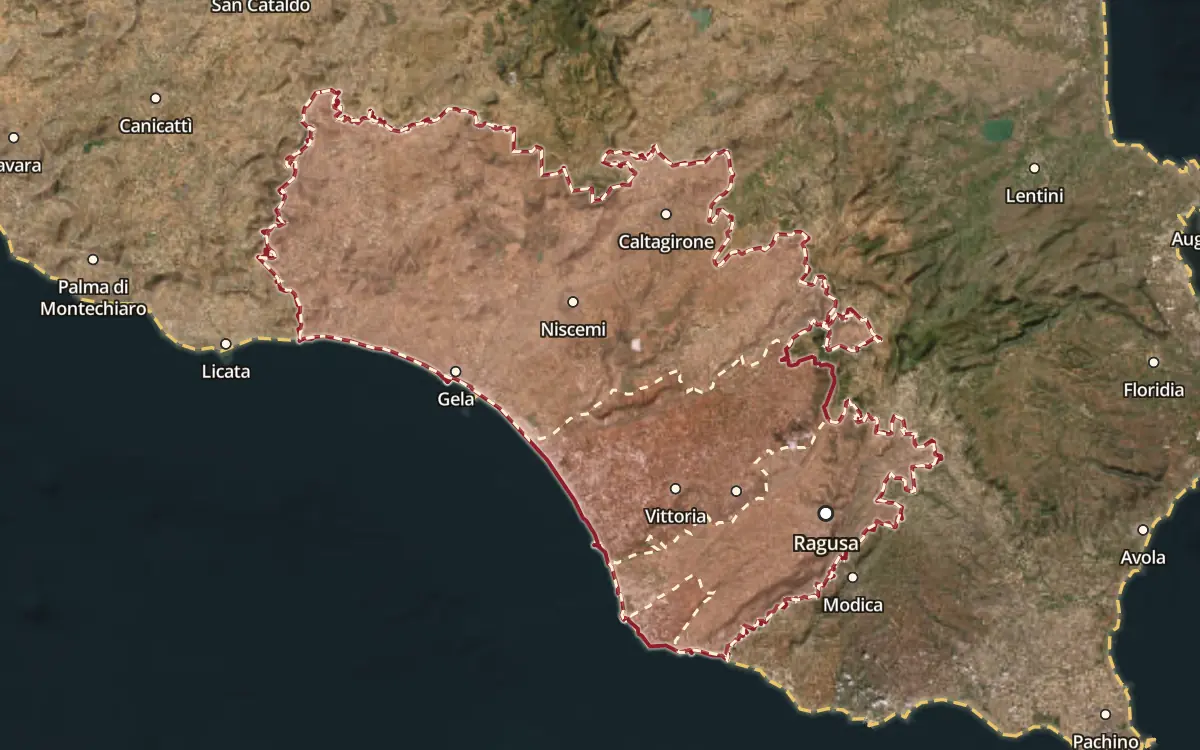 Map of the Cerasuolo di Vittoria DOCG production zone on satellite imagery