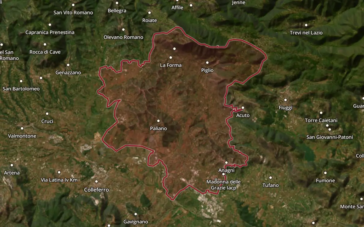 Map of the Cesanese del Piglio / Piglio DOCG production zone on satellite imagery
