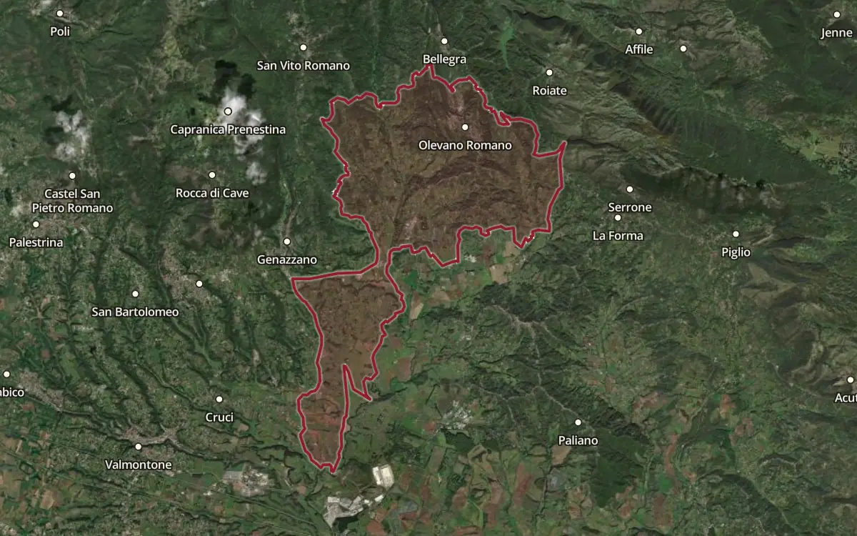 Map of the Cesanese di Olevano Romano DOC production zone on satellite imagery