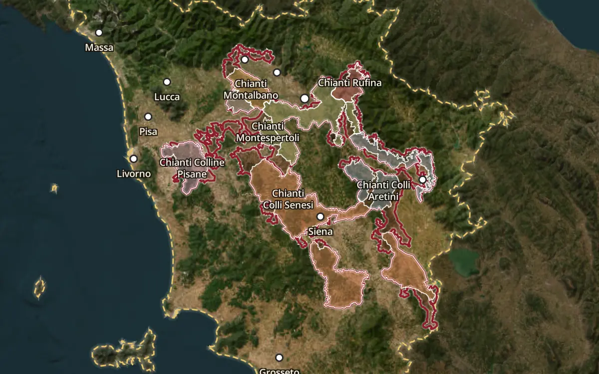Map of the Chianti DOCG production zone on satellite imagery