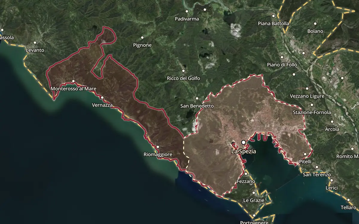 Map of the Cinque Terre DOC production zone on satellite imagery