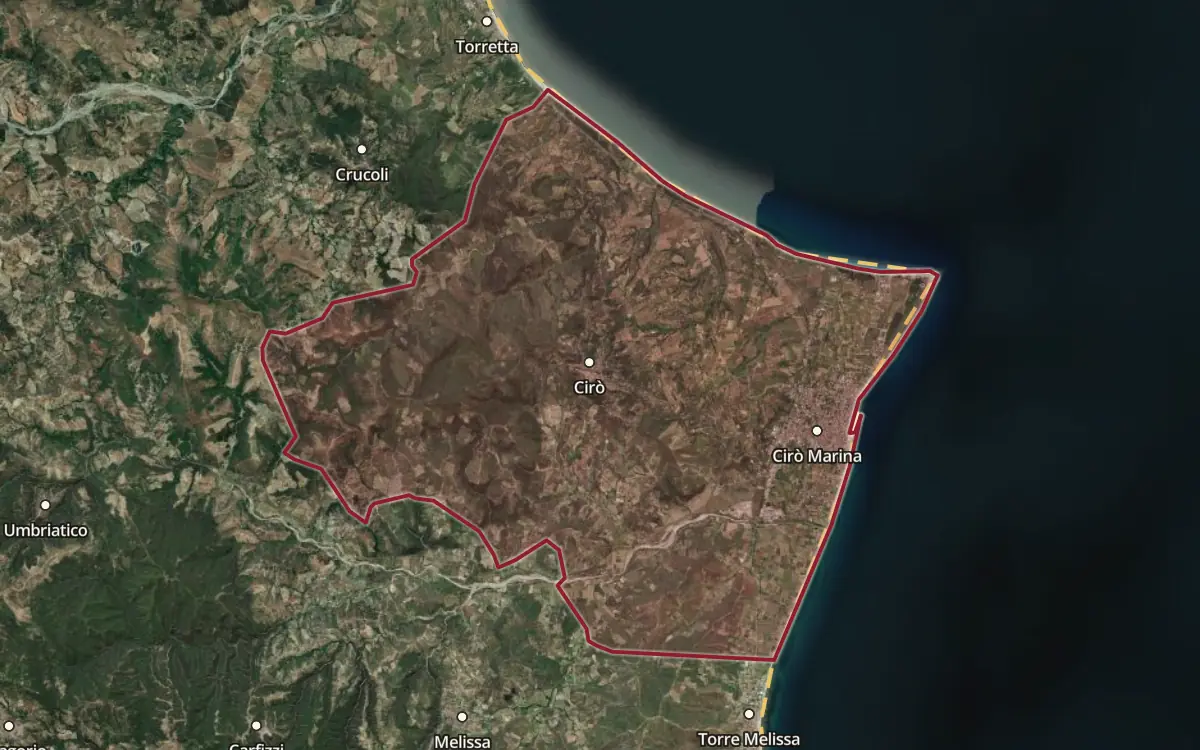 Map of the Cirò Classico DOCG production zone on satellite imagery
