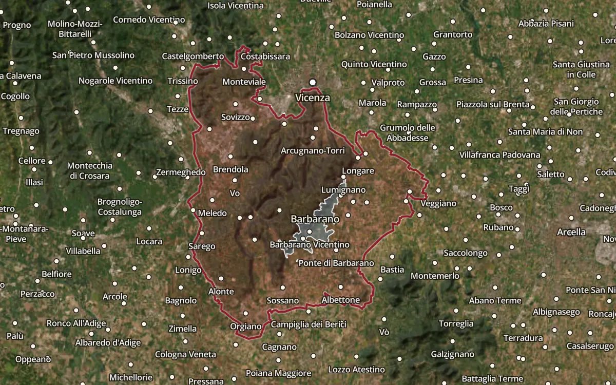 Map of the Colli Berici DOC production zone on satellite imagery