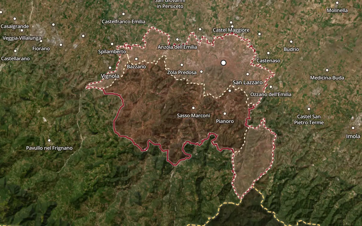 Map of the Colli Bolognesi DOC production zone on satellite imagery
