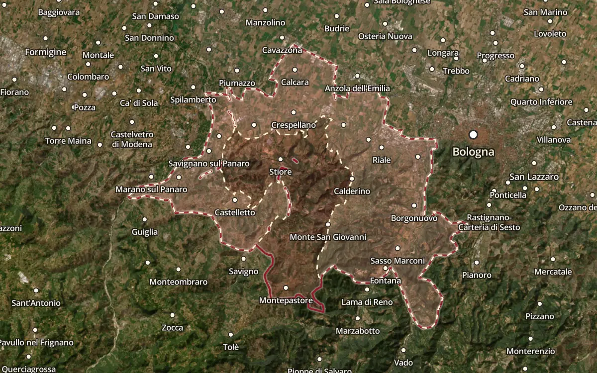 Map of the Colli Bolognesi Pignoletto DOCG production zone on satellite imagery