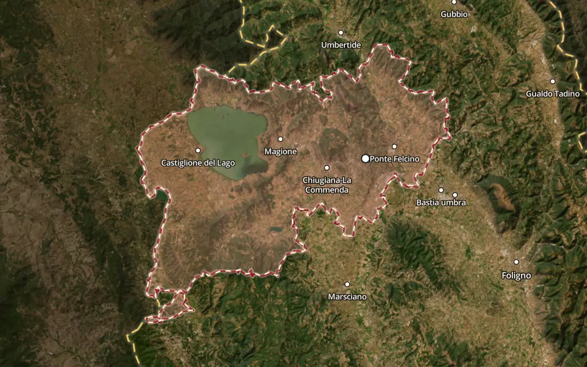 Map of the Colli del Trasimeno DOC production zone on satellite imagery