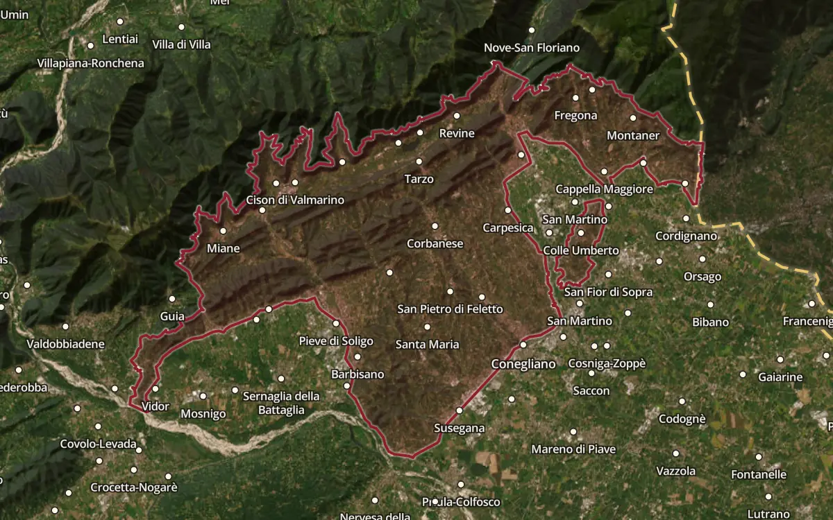 Map of the Colli di Conegliano DOCG production zone on satellite imagery