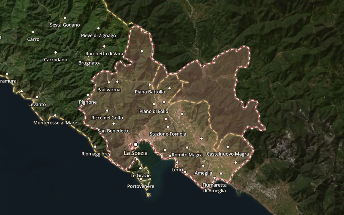 Map of the Colli di Luni DOC production zone on satellite imagery