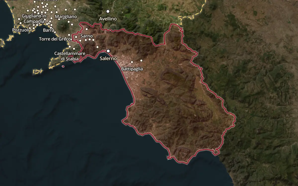 Map of the Colli di Salerno IGT production zone on satellite imagery