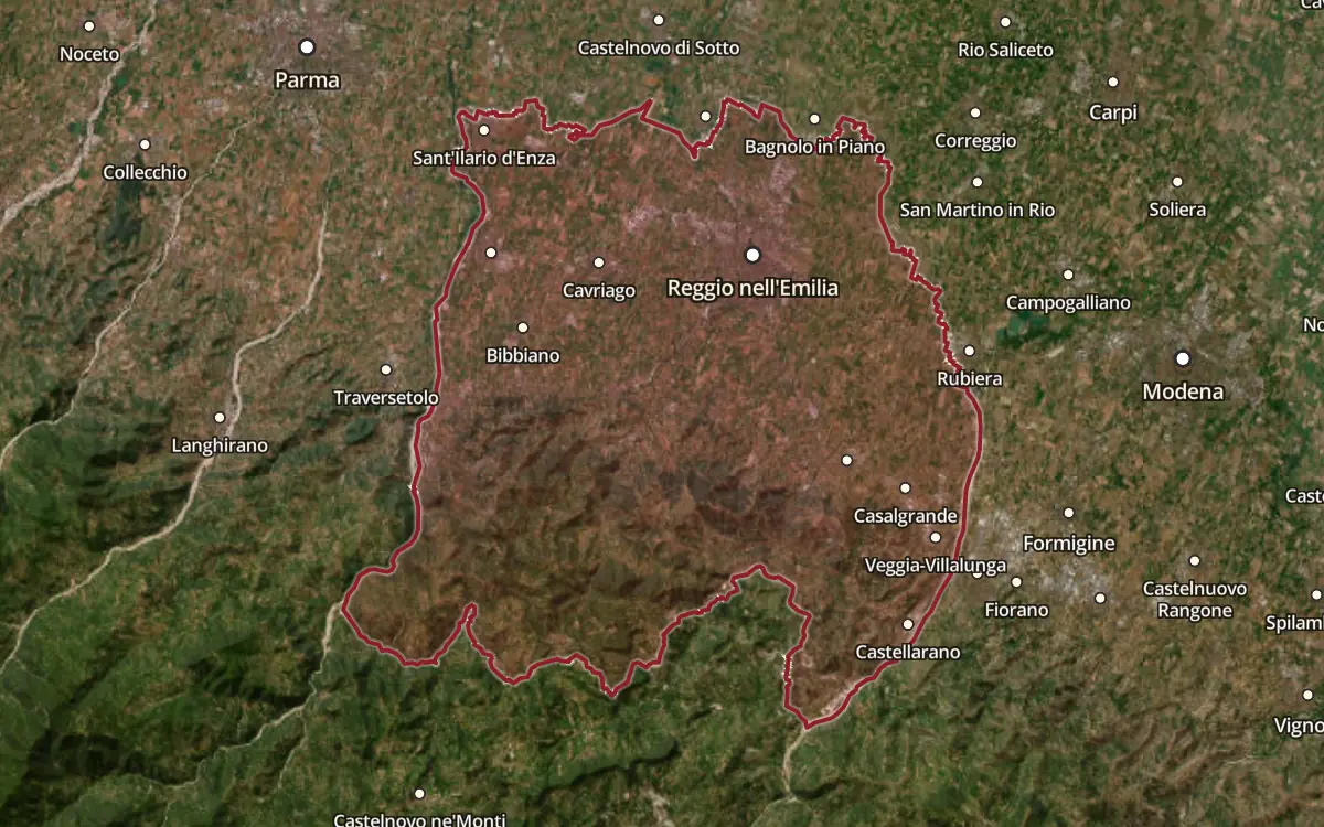 Map of the Colli di Scandiano e di Canossa DOC production zone on satellite imagery