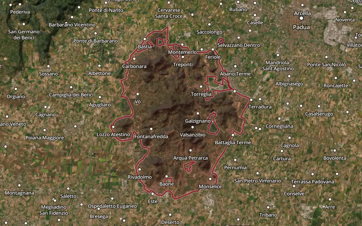 Map of the Colli Euganei DOC production zone on satellite imagery