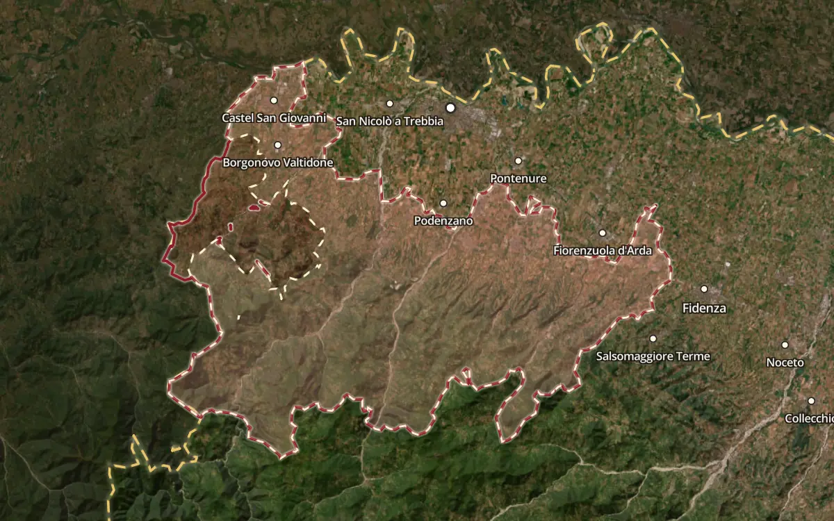 Map of the Colli Piacentini DOC production zone on satellite imagery