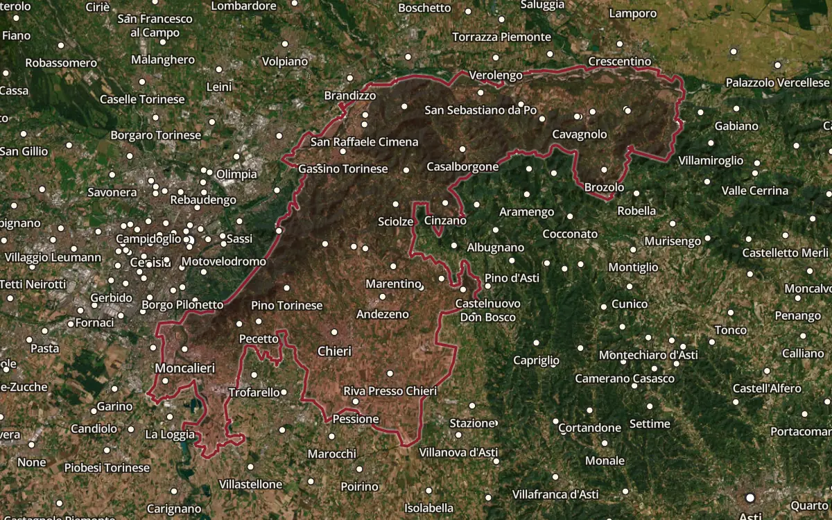 Map of the Collina Torinese DOC production zone on satellite imagery
