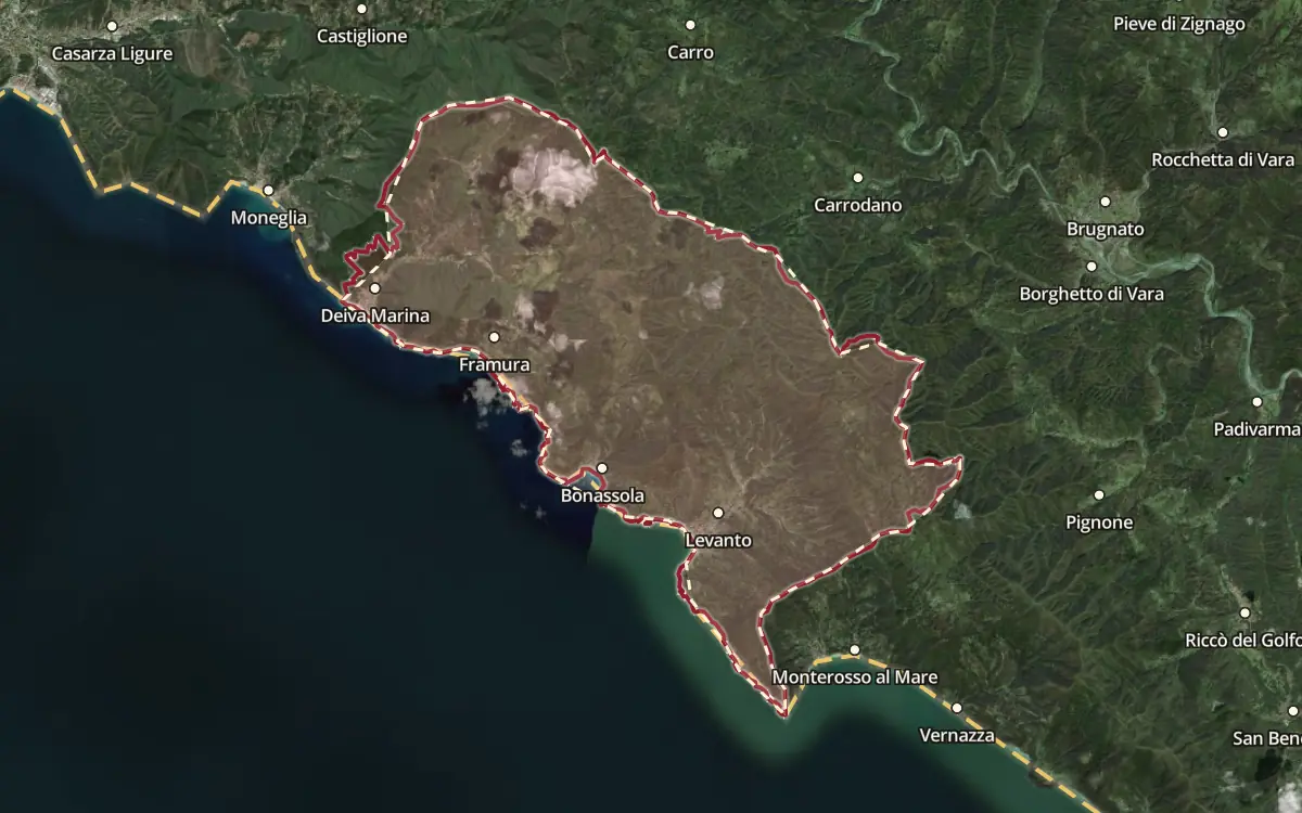 Map of the Colline di Levanto DOC production zone on satellite imagery