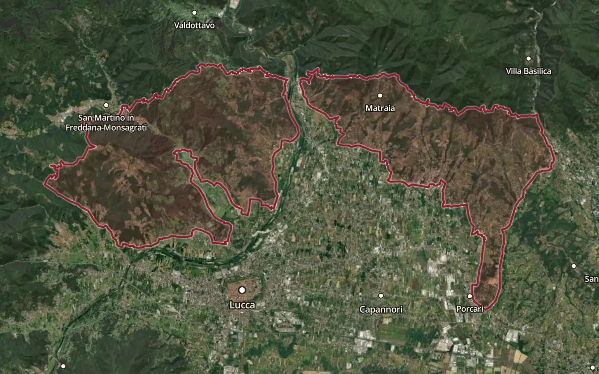 Map of the Colline Lucchesi DOC production zone on satellite imagery