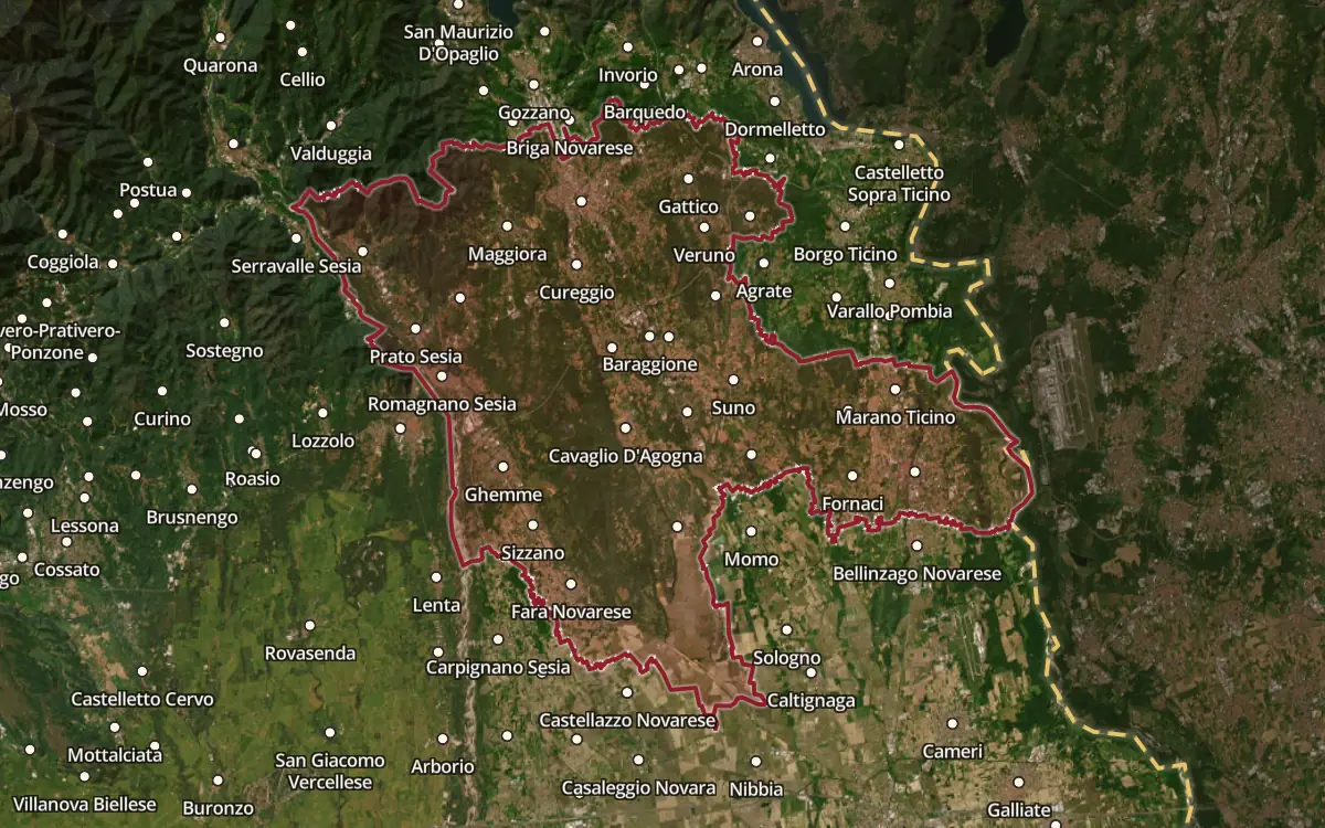 Map of the Colline Novaresi DOC production zone on satellite imagery