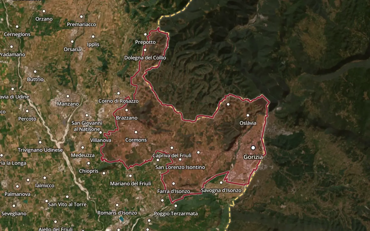 Map of the Collio Goriziano / Collio DOC production zone on satellite imagery