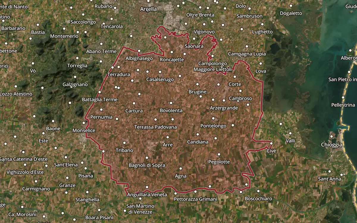 Map of the Corti Benedettine del Padovano DOC production zone on satellite imagery