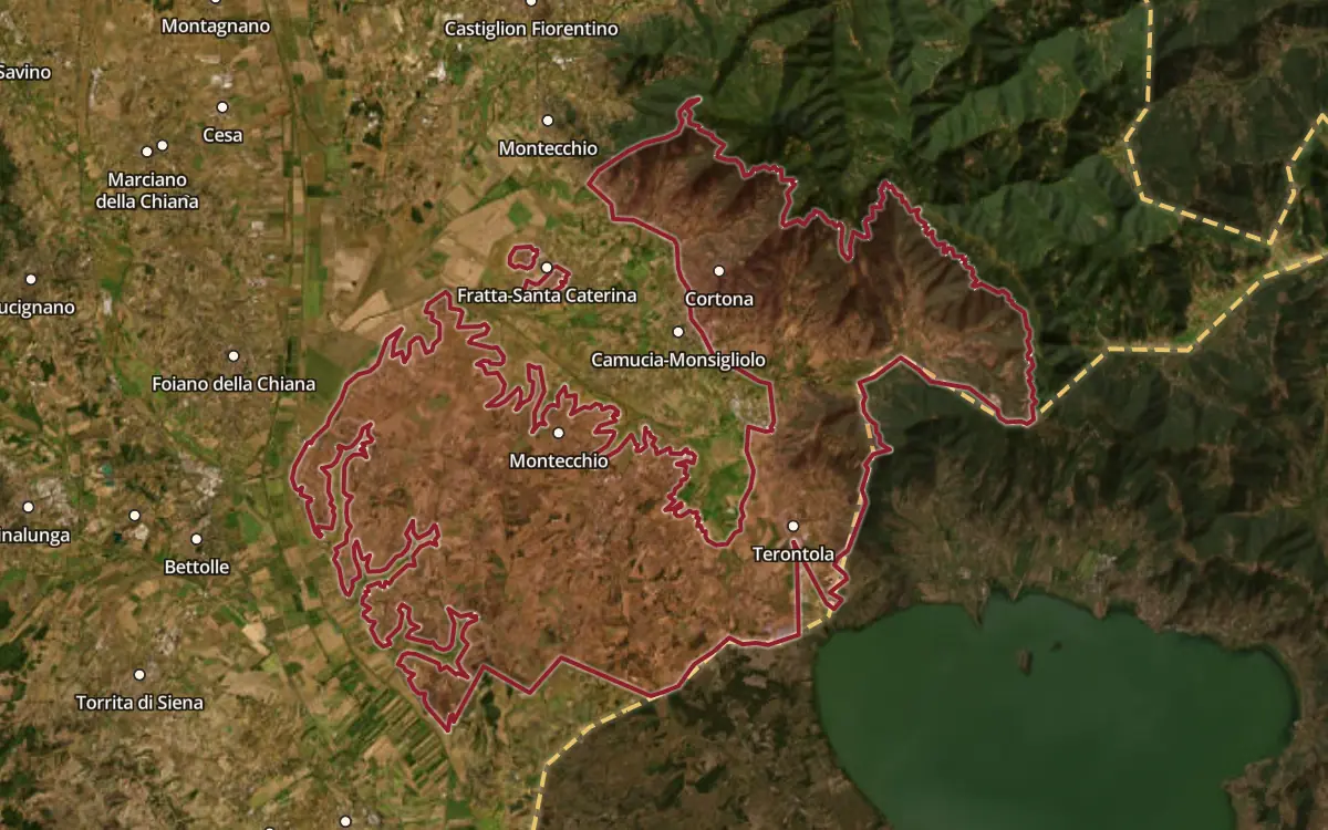 Map of the Cortona DOC production zone on satellite imagery
