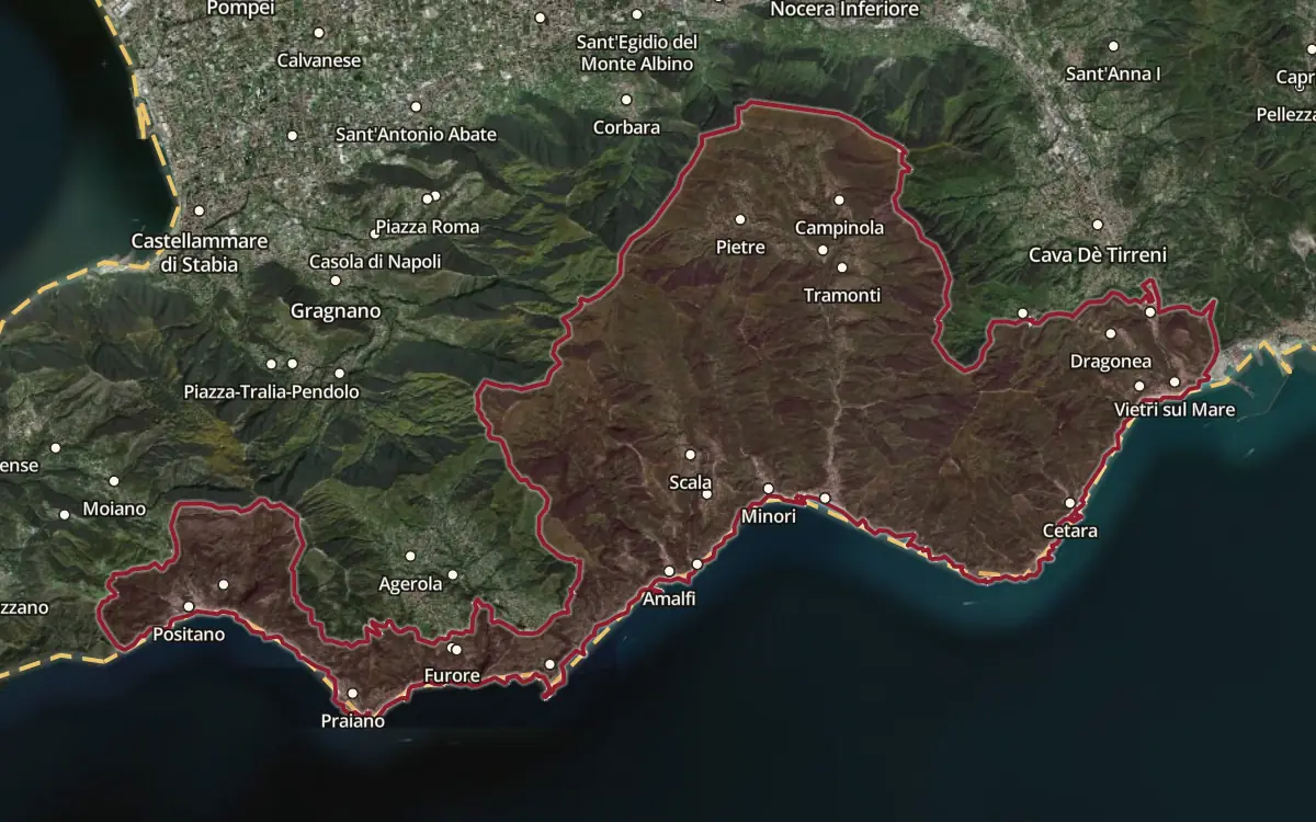 Map of the Costa d'Amalfi DOC production zone on satellite imagery