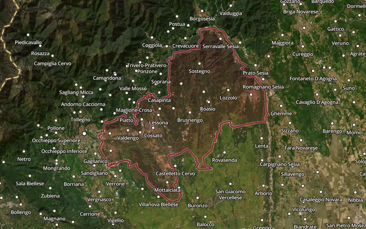 Map of the Coste della Sesia DOC production zone on satellite imagery
