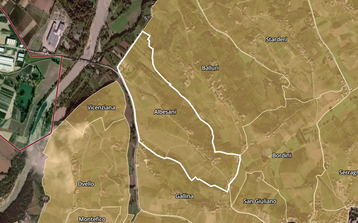 Map of Albesani inside the Barbaresco DOCG production zone, on satellite imagery