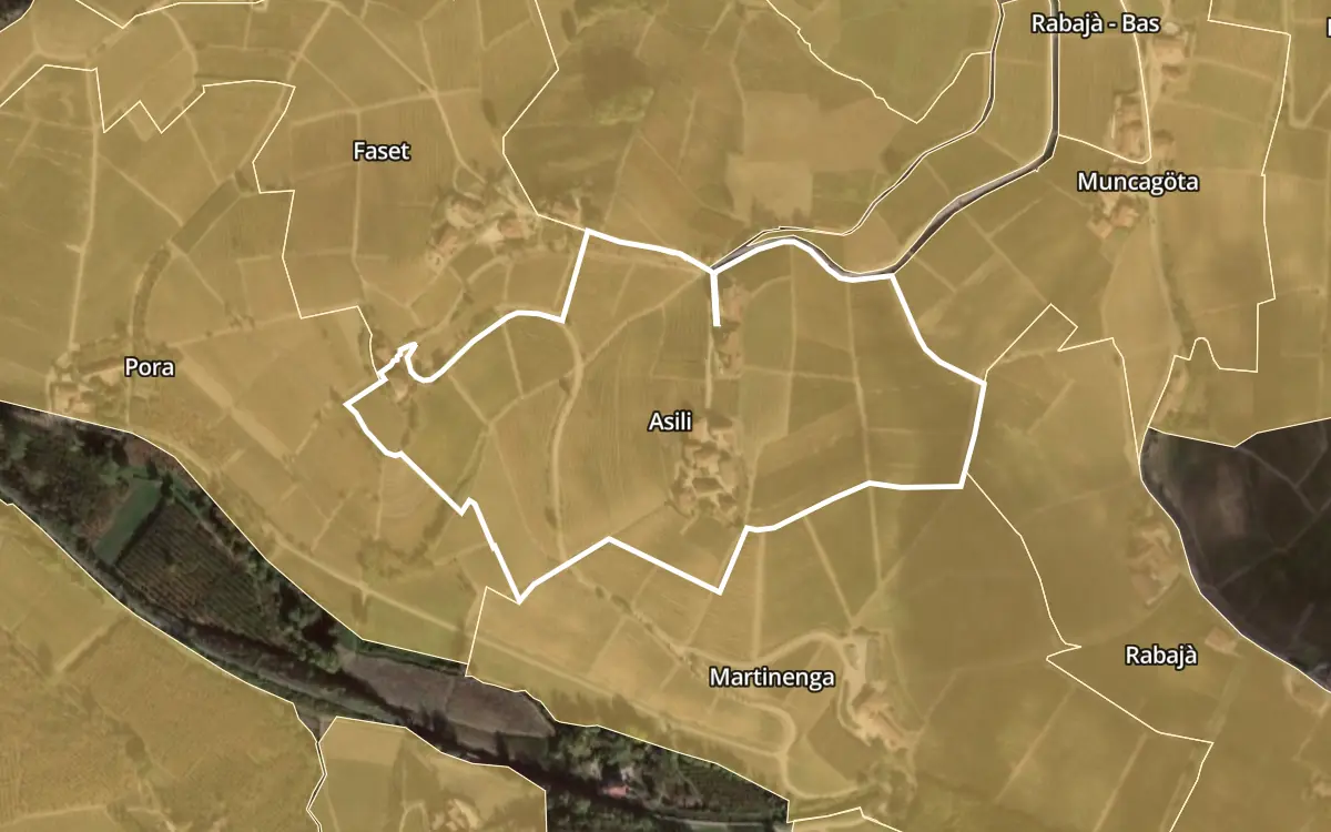 Map of Asili inside the Barbaresco DOCG production zone, on satellite imagery
