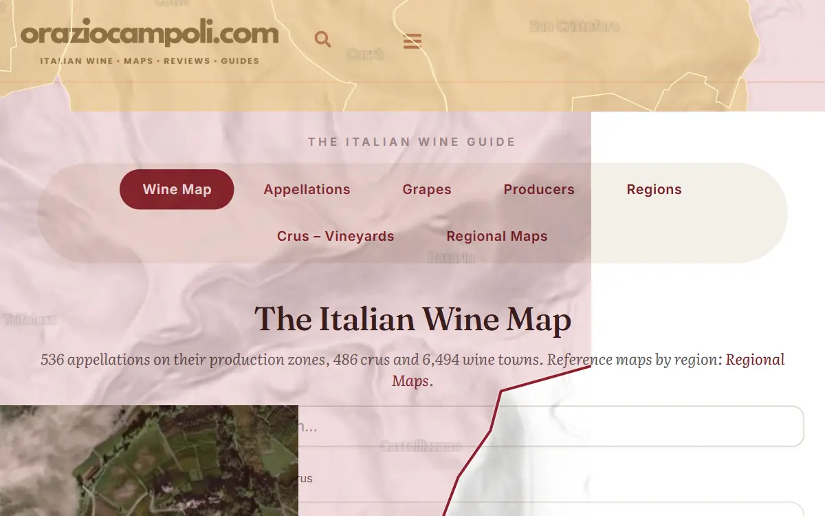 Map of Basarin inside the Barbaresco DOCG production zone, on satellite imagery