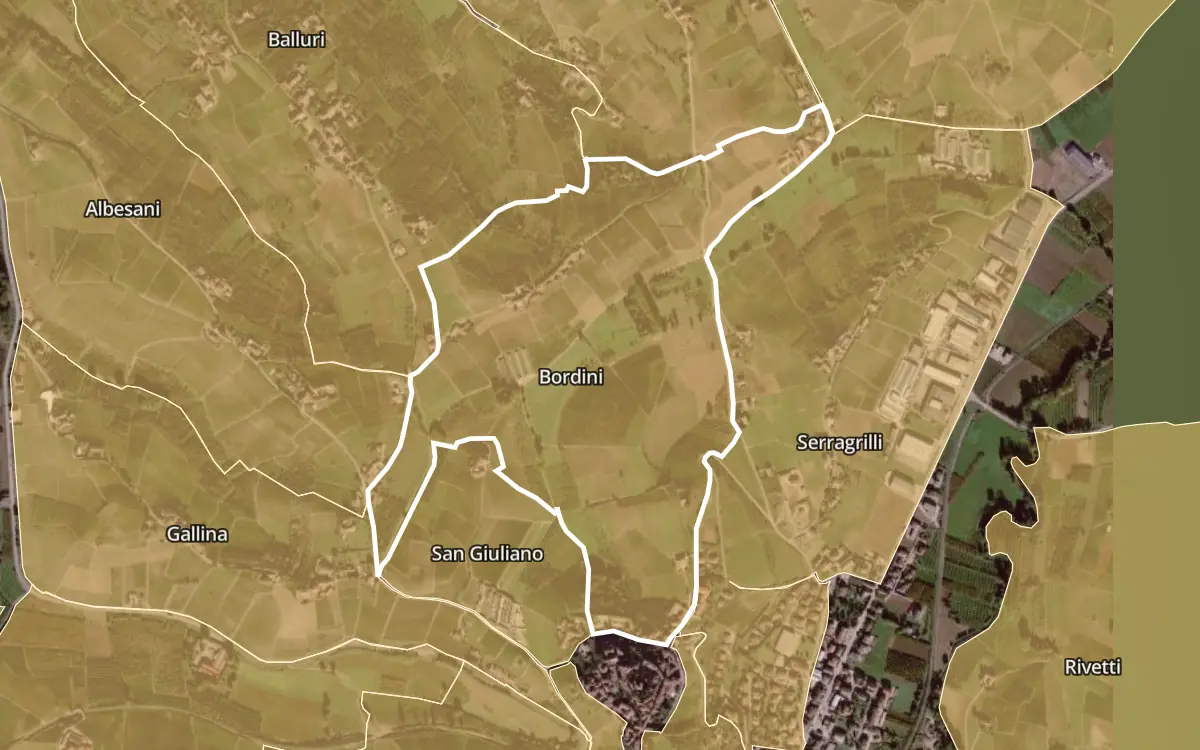 Map of Bordini inside the Barbaresco DOCG production zone, on satellite imagery