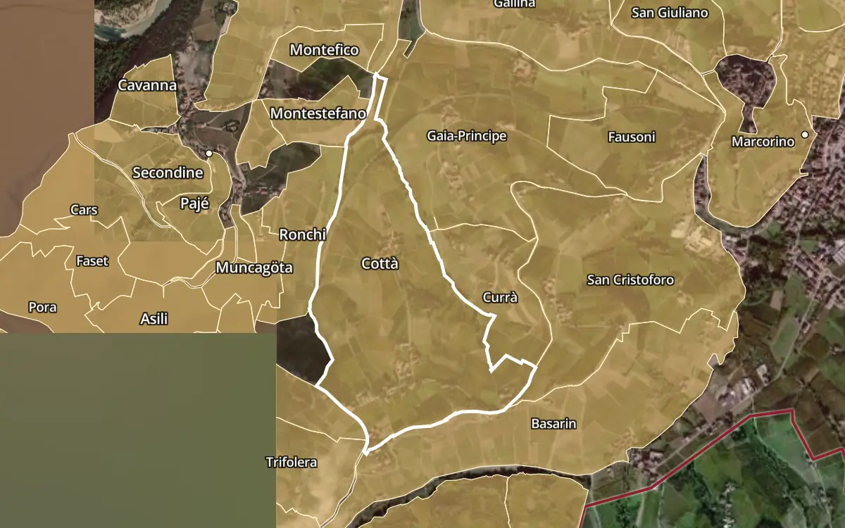 Map of Cottà inside the Barbaresco DOCG production zone, on satellite imagery