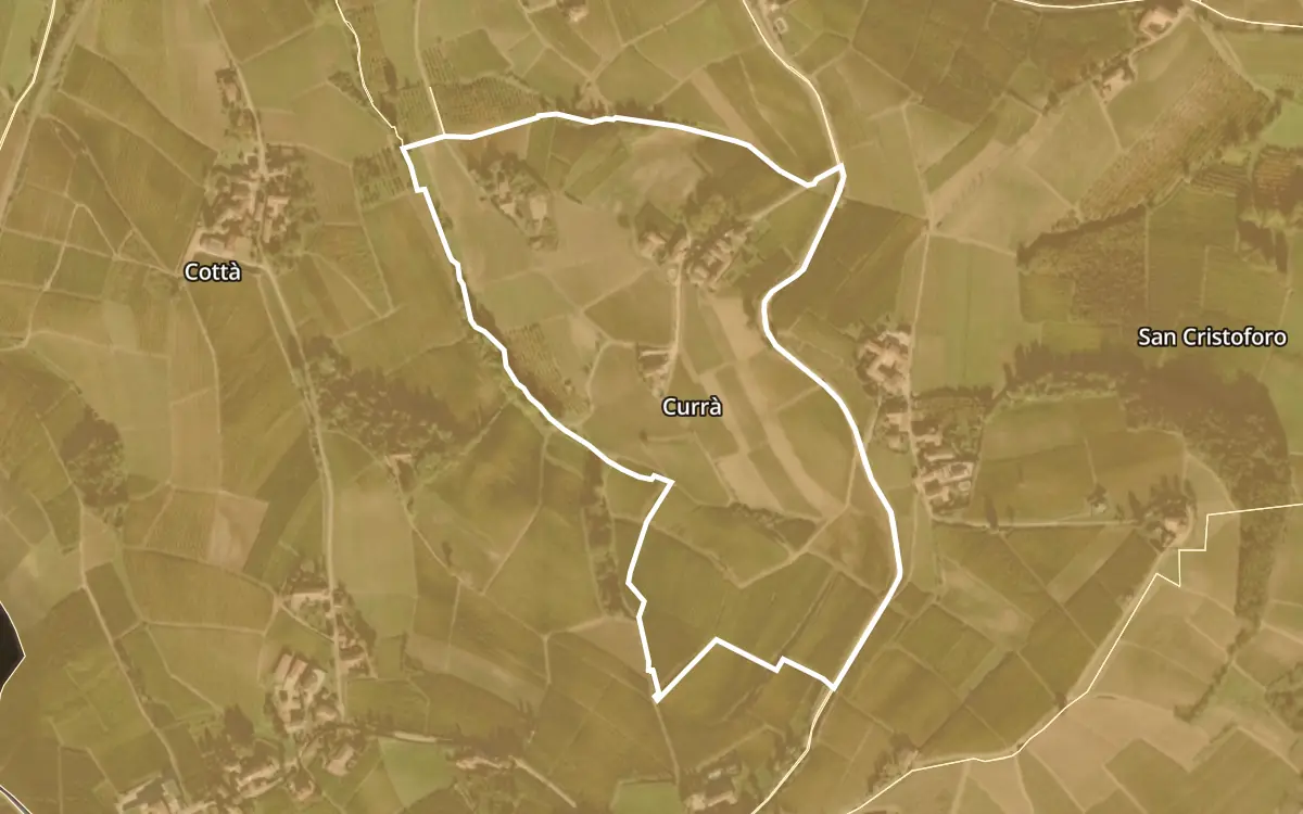 Map of Currà inside the Barbaresco DOCG production zone, on satellite imagery