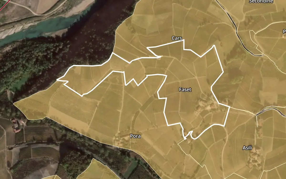 Map of Faset inside the Barbaresco DOCG production zone, on satellite imagery