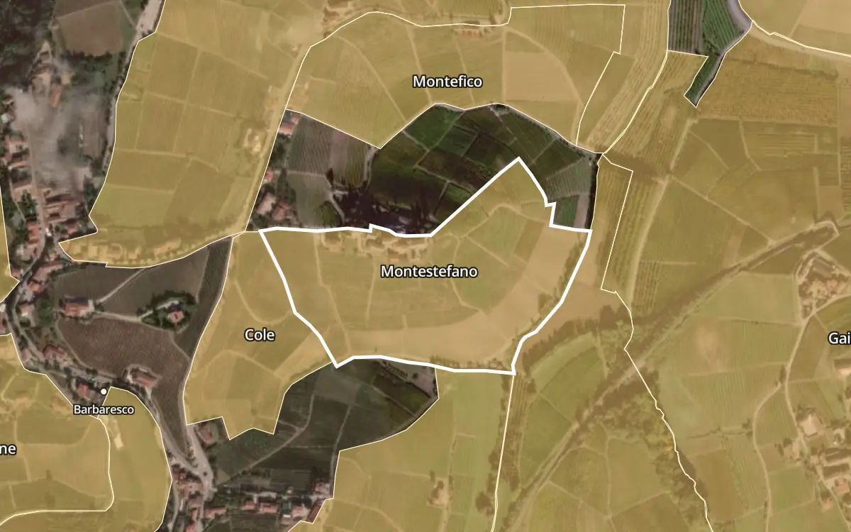 Map of Montestefano inside the Barbaresco DOCG production zone, on satellite imagery