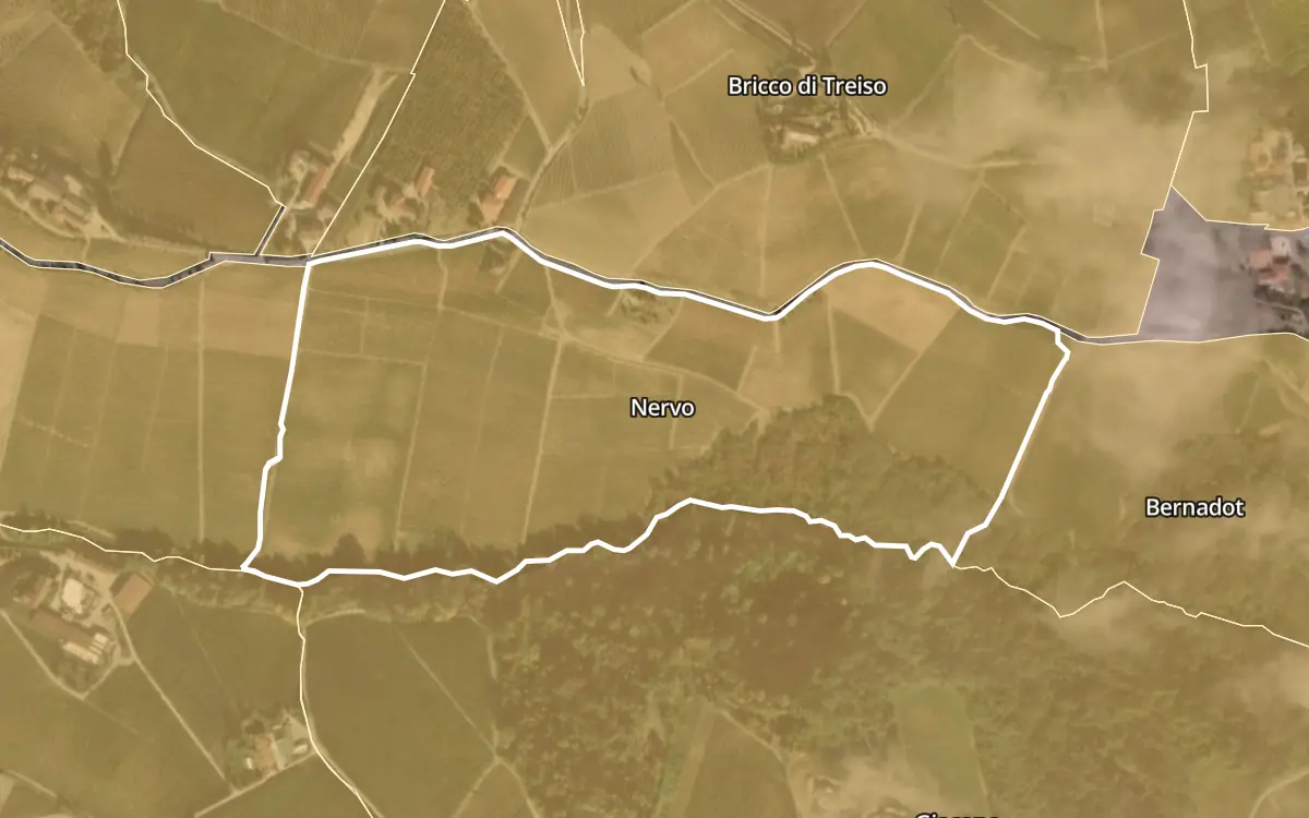 Map of Nervo inside the Barbaresco DOCG production zone, on satellite imagery