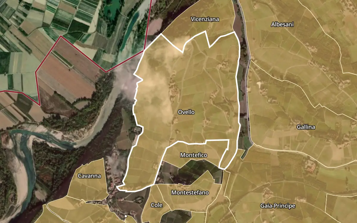 Map of Ovello inside the Barbaresco DOCG production zone, on satellite imagery