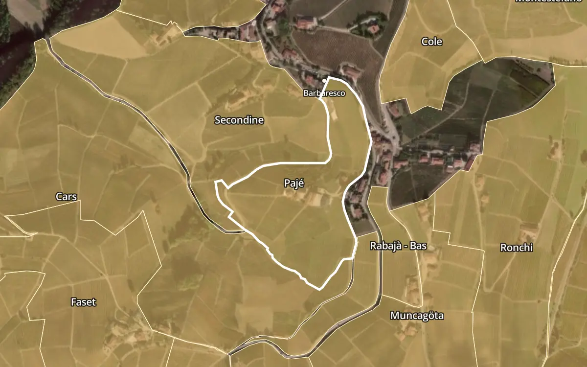 Map of Pajé inside the Barbaresco DOCG production zone, on satellite imagery