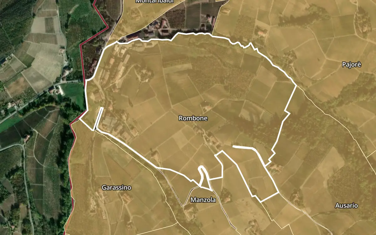Map of Rombone inside the Barbaresco DOCG production zone, on satellite imagery