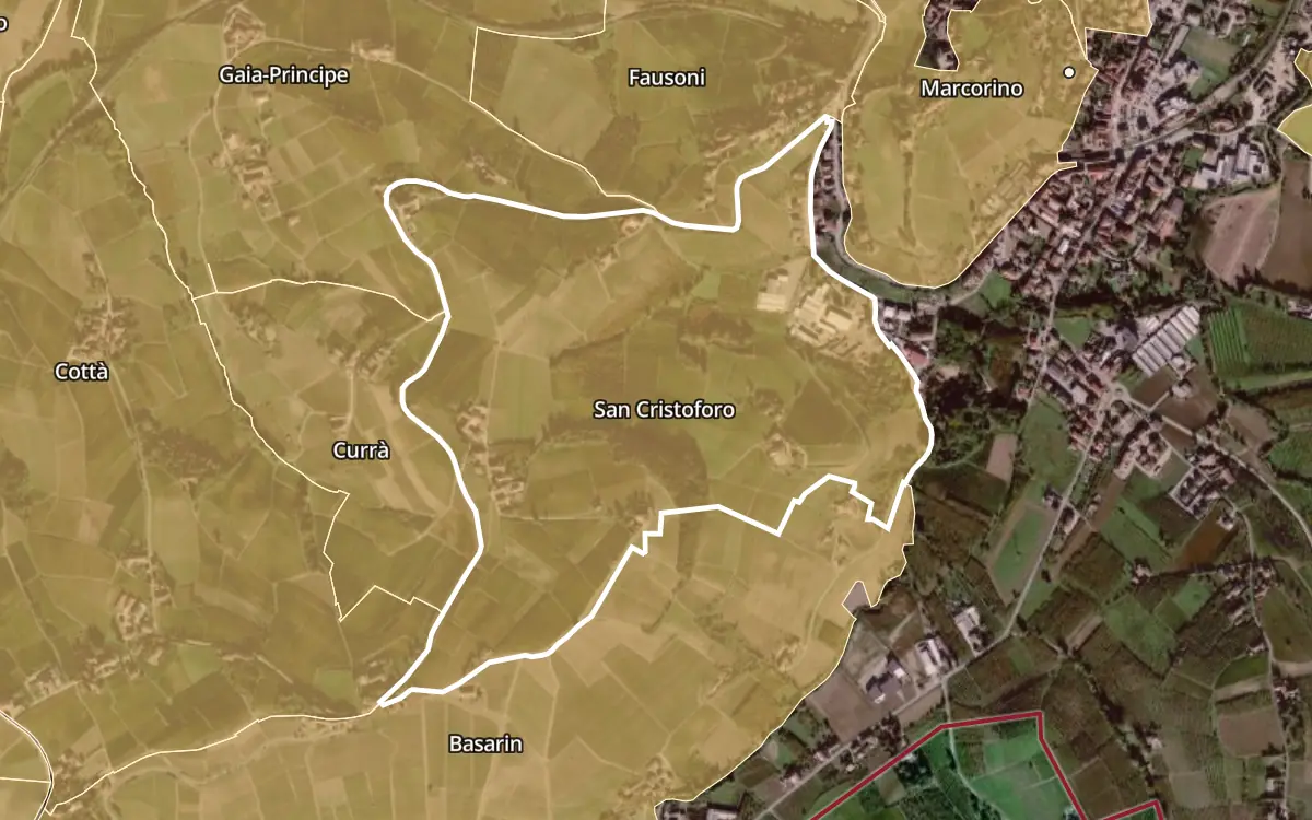 Map of San Cristoforo inside the Barbaresco DOCG production zone, on satellite imagery