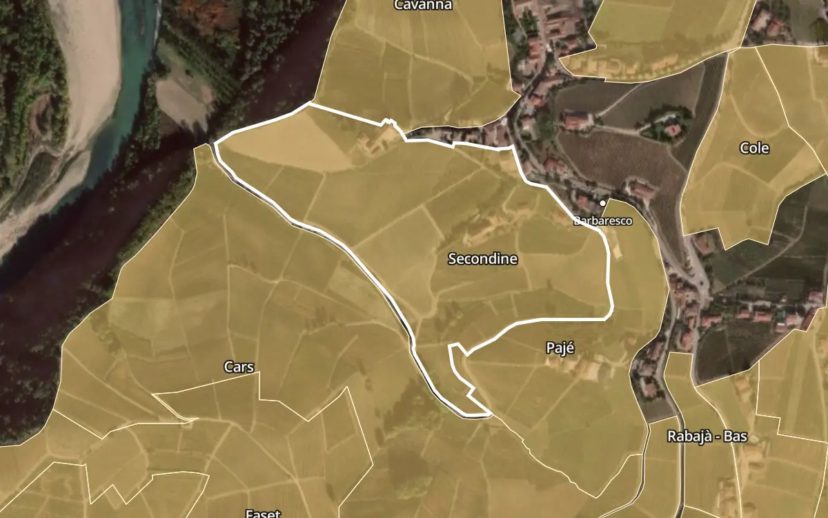 Map of Secondine inside the Barbaresco DOCG production zone, on satellite imagery