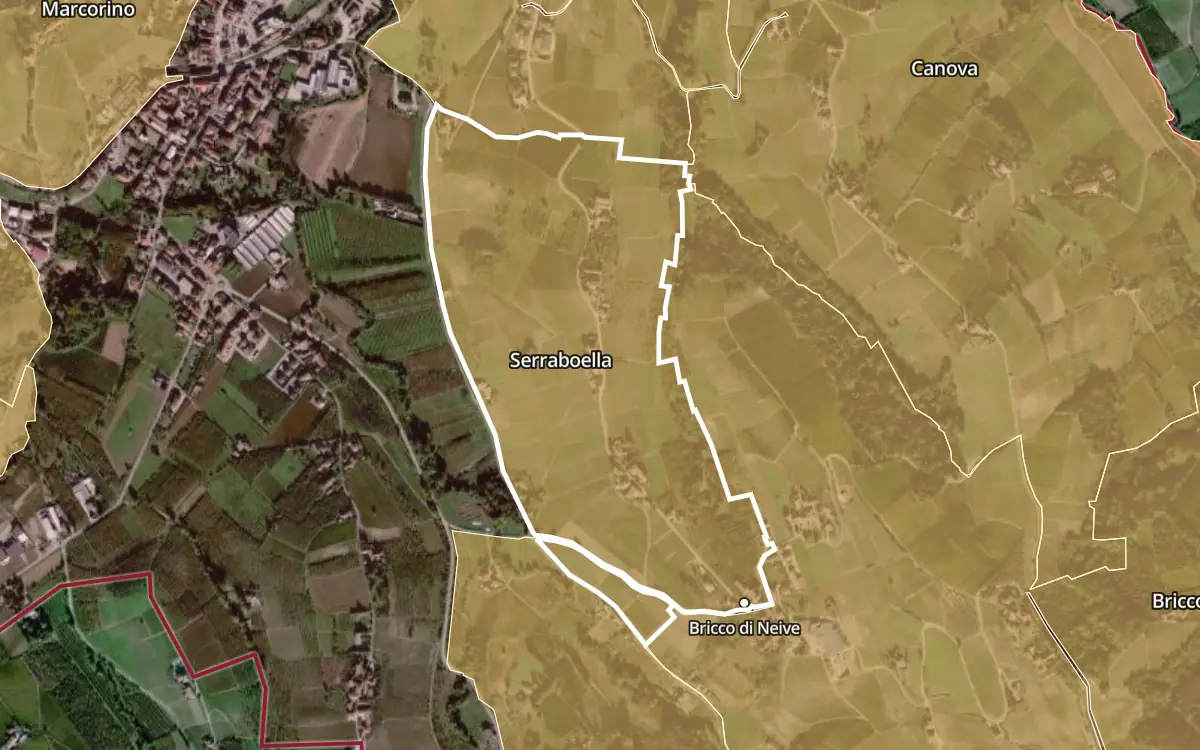 Map of Serraboella inside the Barbaresco DOCG production zone, on satellite imagery
