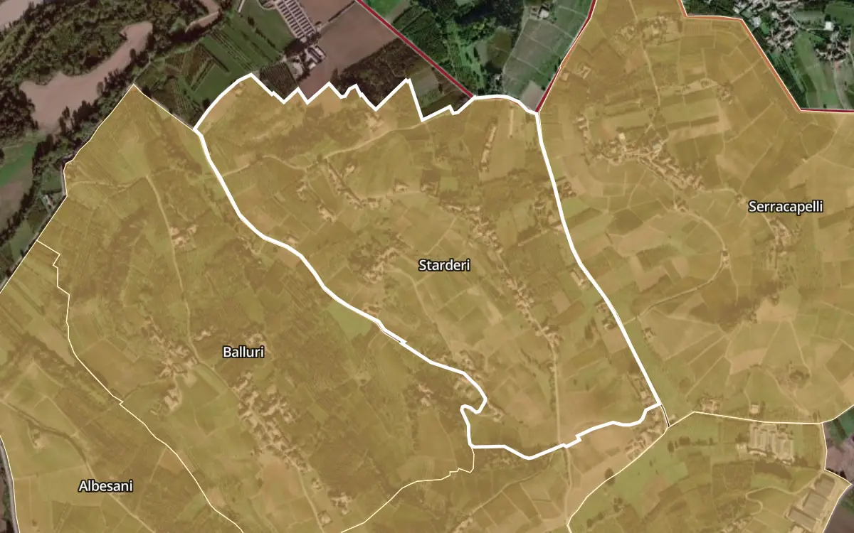 Map of Starderi inside the Barbaresco DOCG production zone, on satellite imagery