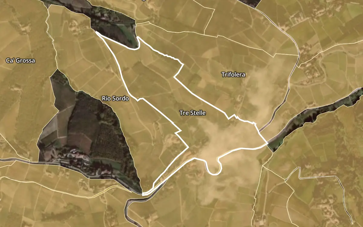Map of Tre Stelle inside the Barbaresco DOCG production zone, on satellite imagery